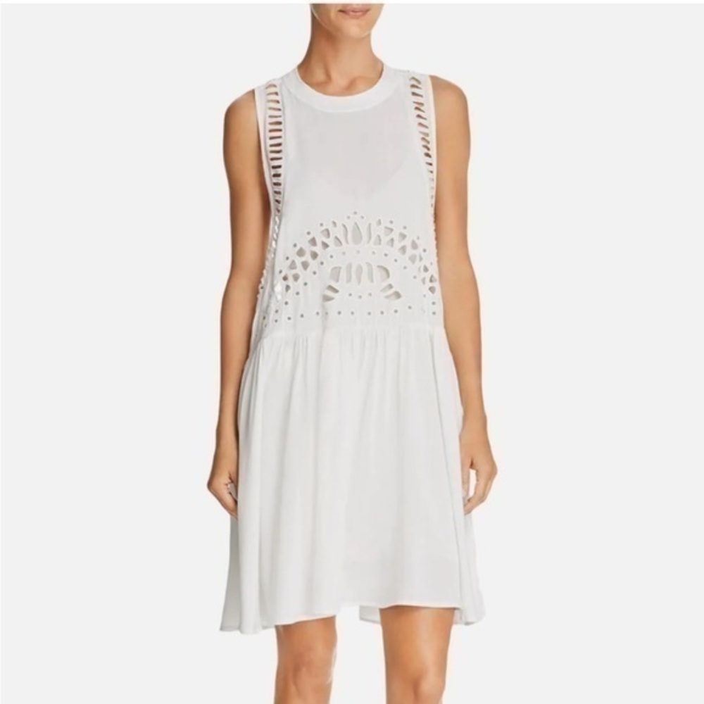 AQUA BLOOMINGDALES S Knee-Length Eyelet Open-Back Goddess Dress